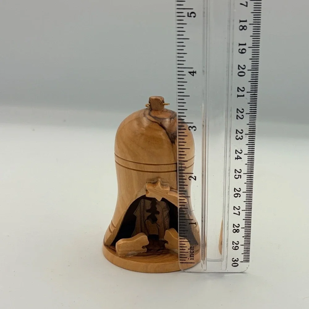 Hand Carved Olive Wood Nativity Scene Bell Ornament Rustic Christmas Decor